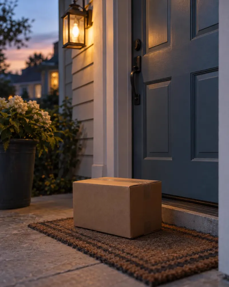 A sealed shipping box on a doormat at a front door, porch light on at dusk