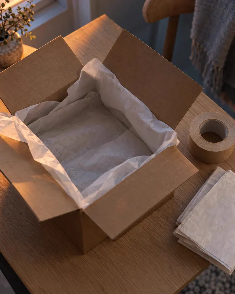 An open shipping box lined with white tissue paper beside a roll of paper tape